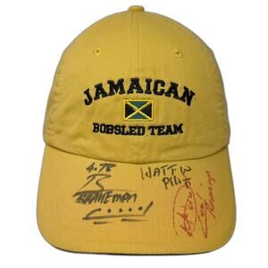 KC Caps Jamaican Bobsled Team Autographed Yellow Baseball Cap OSFM Signed Hat